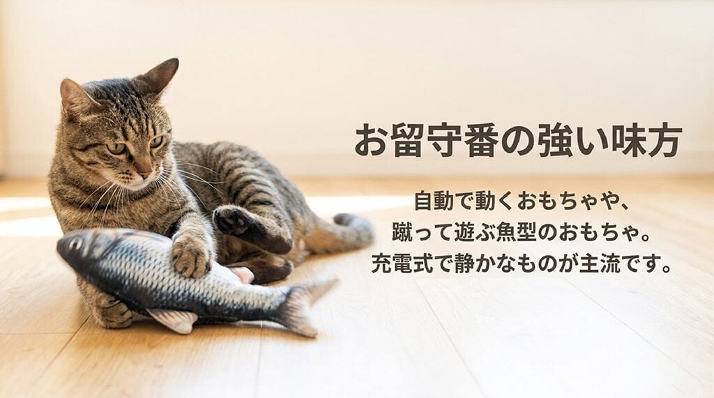 「お留守番の強い味方。自動で動くおもちゃや、蹴って遊ぶ魚型のおもちゃ。充電式で静かなものが主流です。」と書かれたスライド画像。