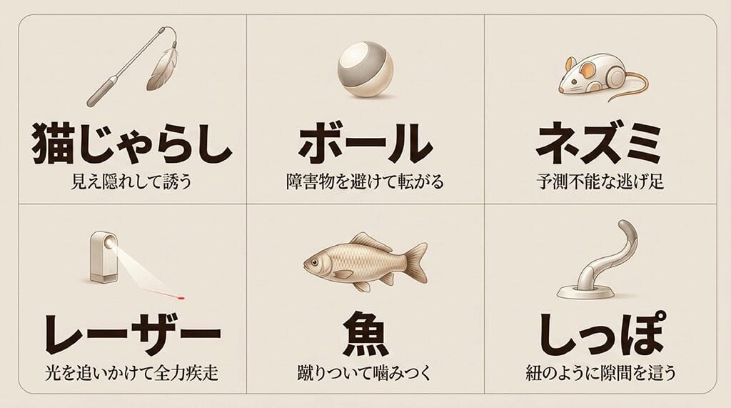 猫じゃらし、ボール、ネズミ、レーザー、魚、しっぽといった各自動おもちゃのタイプと特徴をイラスト付きでまとめたスライド。