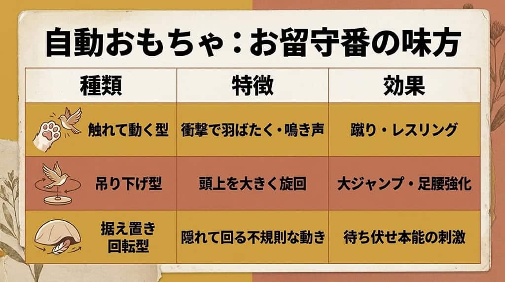 自動おもちゃの特徴、種類、効果をまとめた表。触れて動く型(キック・レスリング)、吊り下げ型(大ジャンプ)、据え置き回転型(待ち伏せ)が一覧になっています。