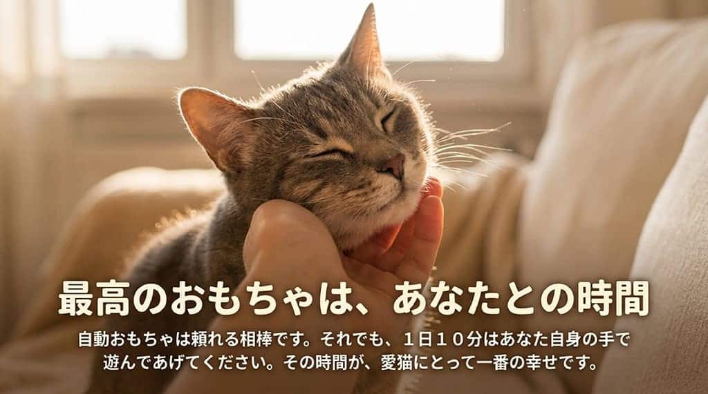 自動おもちゃは頼れる相棒としつつも、1日10分は飼い主自身の手で遊んであげることが愛猫の一番の幸せと伝えるスライド。