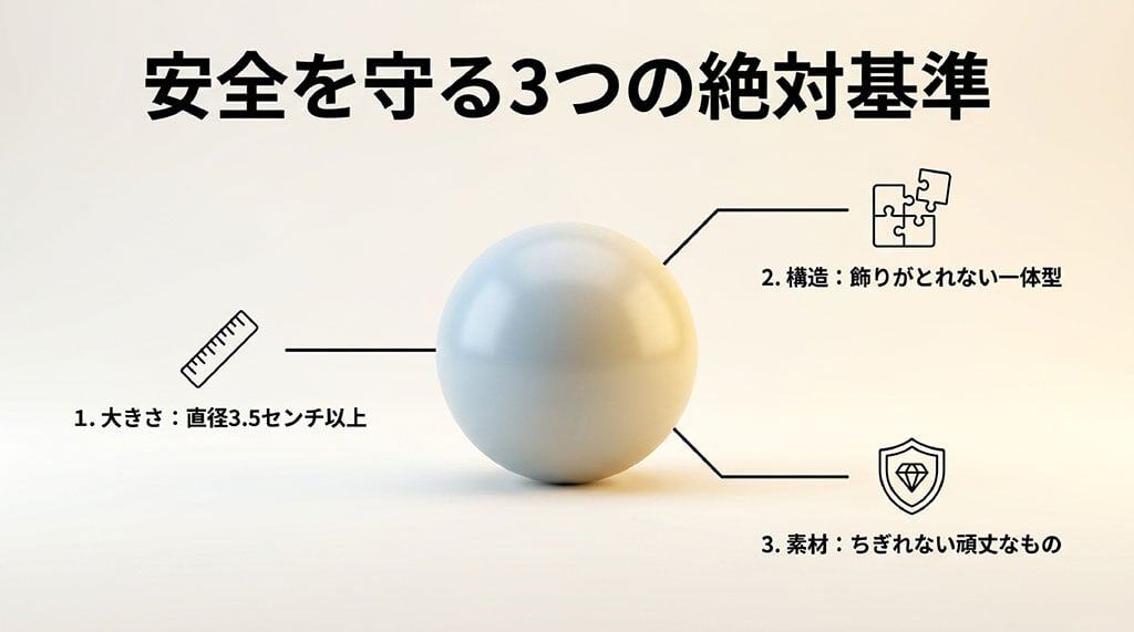 猫用おもちゃボールの安全を守る3つの絶対基準。1.大きさは直径3.5センチ以上、2.構造は飾りがとれない一体型、3.素材はちぎれない頑丈なもの。