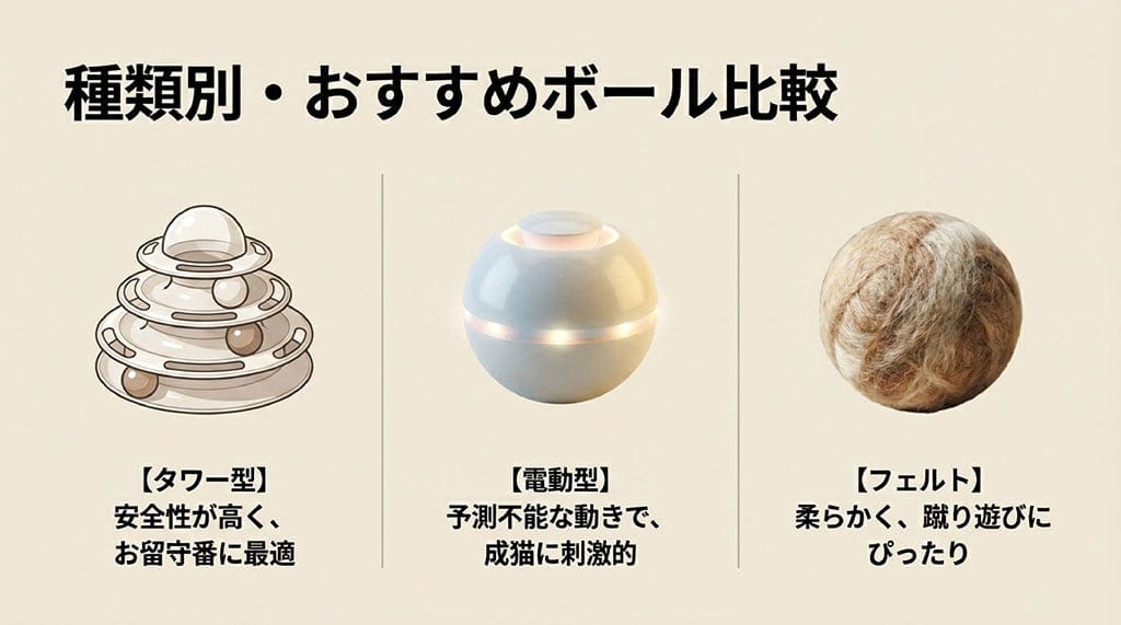 種類別・おすすめボール比較。タワー型は安全性が高くお留守番に最適、電動型は予測不能な動きで成猫に刺激的、フェルトは柔らかく蹴り遊びにぴったり。