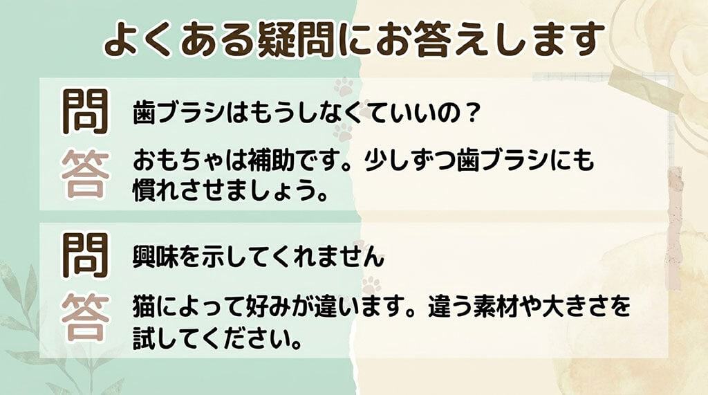 吹き出しのイラストと共に「よくある疑問にお答えします。歯ブラシはもうしなくていいの?(おもちゃは補助です)、興味を示してくれません(違う素材や大きさを試してください)」と書かれたQ&Aスライド