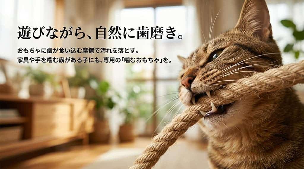 遊びながら、自然に歯磨き。おもちゃに歯が食い込む摩擦で汚れを落とし、家具や手を噛む癖の対策にも有効。