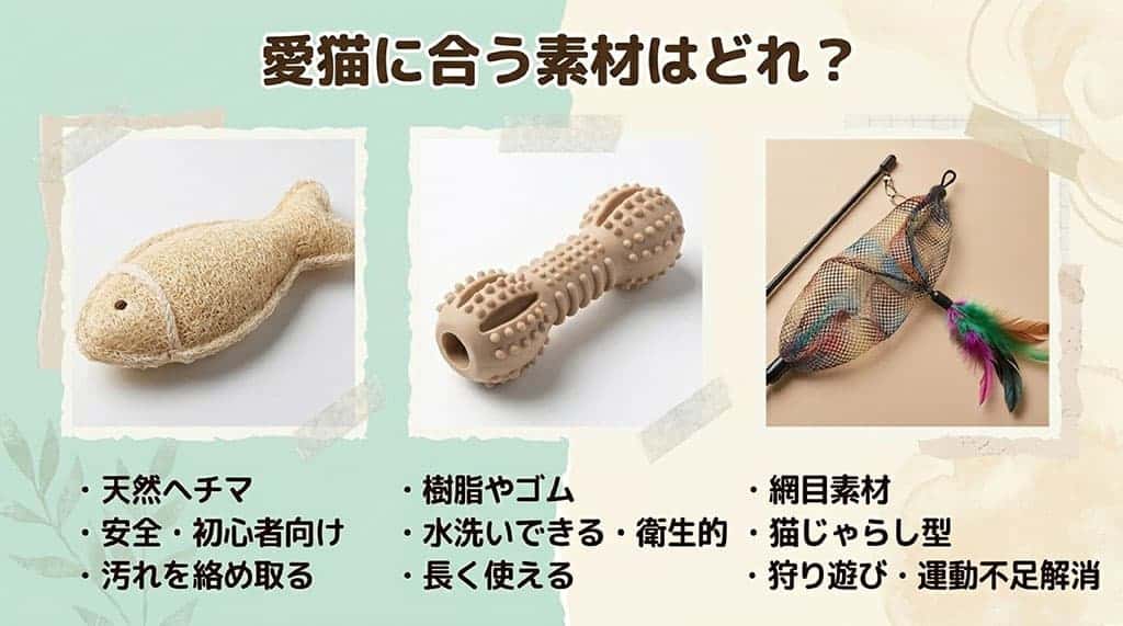 メッシュ生地の猫じゃらしおもちゃの写真と、3つの素材(天然ヘチマ、樹脂やゴム、網目素材)の特徴(安全性、水洗い、運動不足解消など)を比較した表形式のスライド