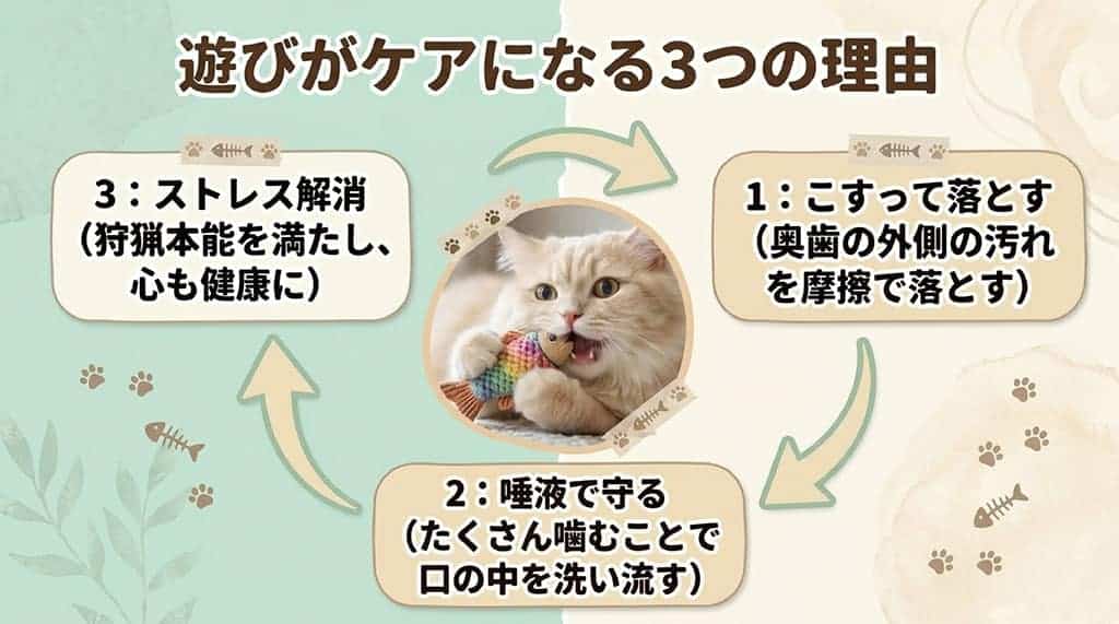 猫のおもちゃがデンタルケアになる3つの理由(1:こすって落とす、2:唾液で守る、3:ストレス解消)をまとめた図解スライド