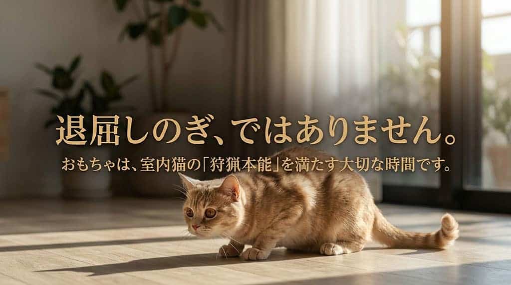 室内猫にとっておもちゃは退屈しのぎではなく、狩猟本能を満たす大切な時間であることを解説するスライド