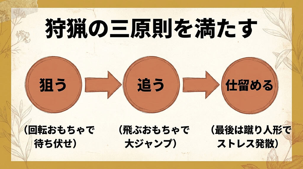 「狩猟の三原則を満たす。狙う(回転おもちゃで待ち伏せ)、追う(飛ぶおもちゃで大ジャンプ)、仕留める(最後は蹴り人形でストレス発散)」と書かれた解説スライド。