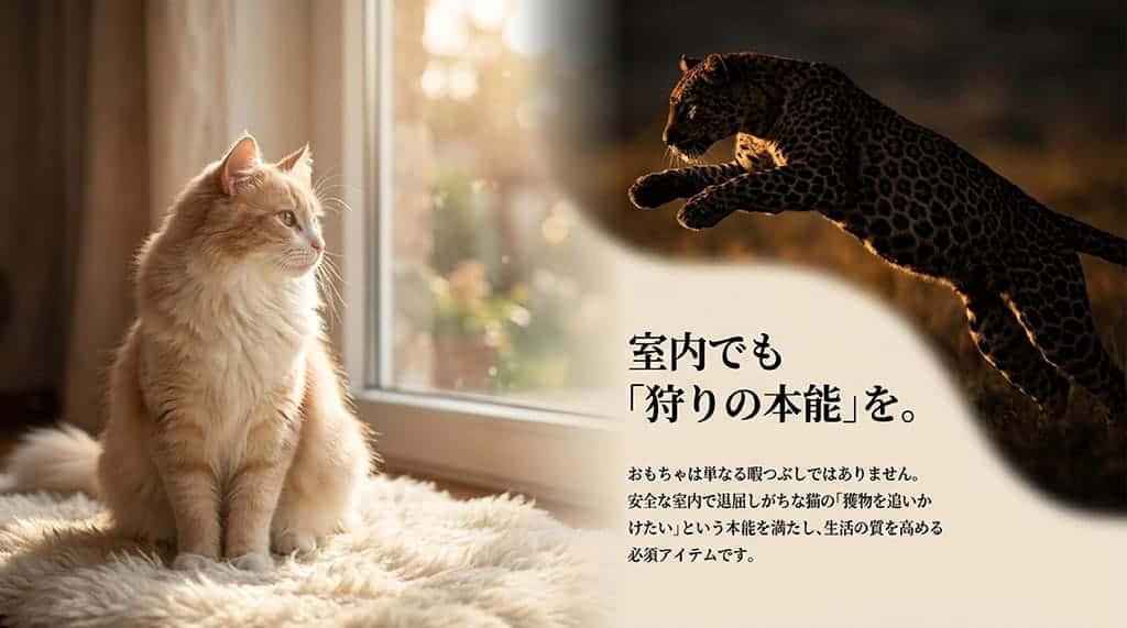 室内でも「狩りの本能」を。安全な室内で退屈しがちな猫の獲物を追いかけたい本能を満たす必須アイテムであることの解説。