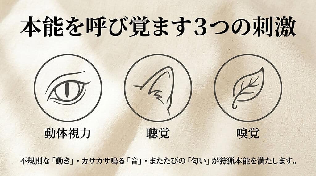 猫の目、耳、葉っぱのイラストとともに、動体視力、聴覚、嗅覚の3つの刺激（不規則な動き、カサカサ鳴る音、またたびの匂い）が狩猟本能を満たすことを説明するスライド。