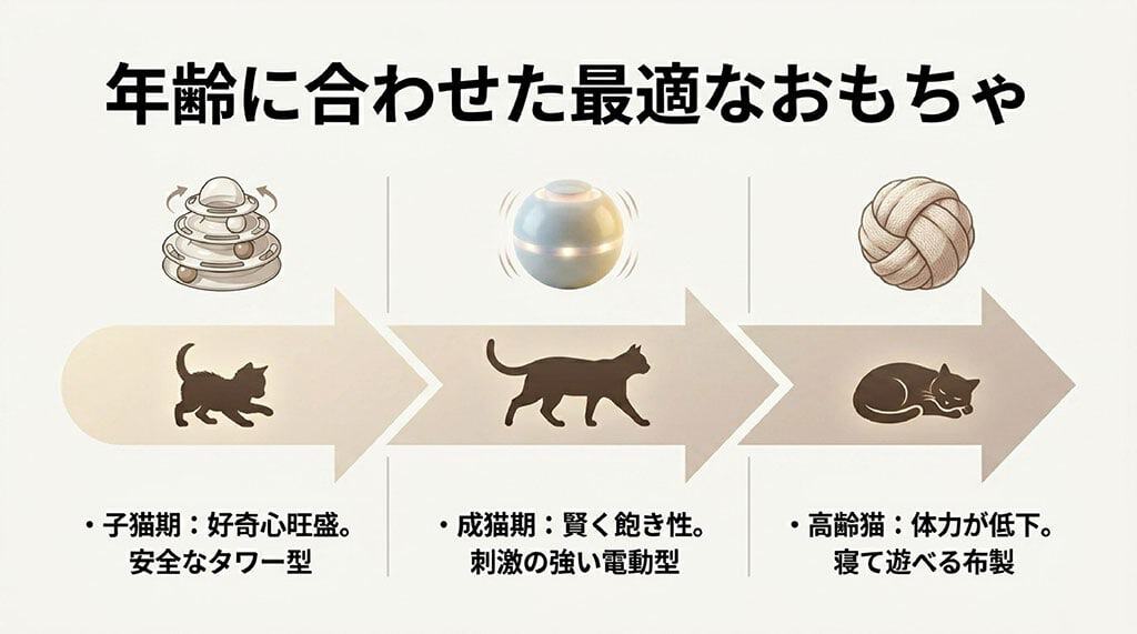 年齢に合わせた最適なおもちゃの選び方。子猫期は好奇心旺盛で安全なタワー型、成猫期は賢く飽き性で刺激の強い電動型、高齢猫は体力が低下し寝て遊べる布製。