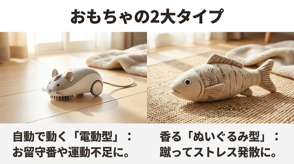 自動で動く電動型とストレス発散になるぬいぐるみ型の2つのタイプを紹介するスライド