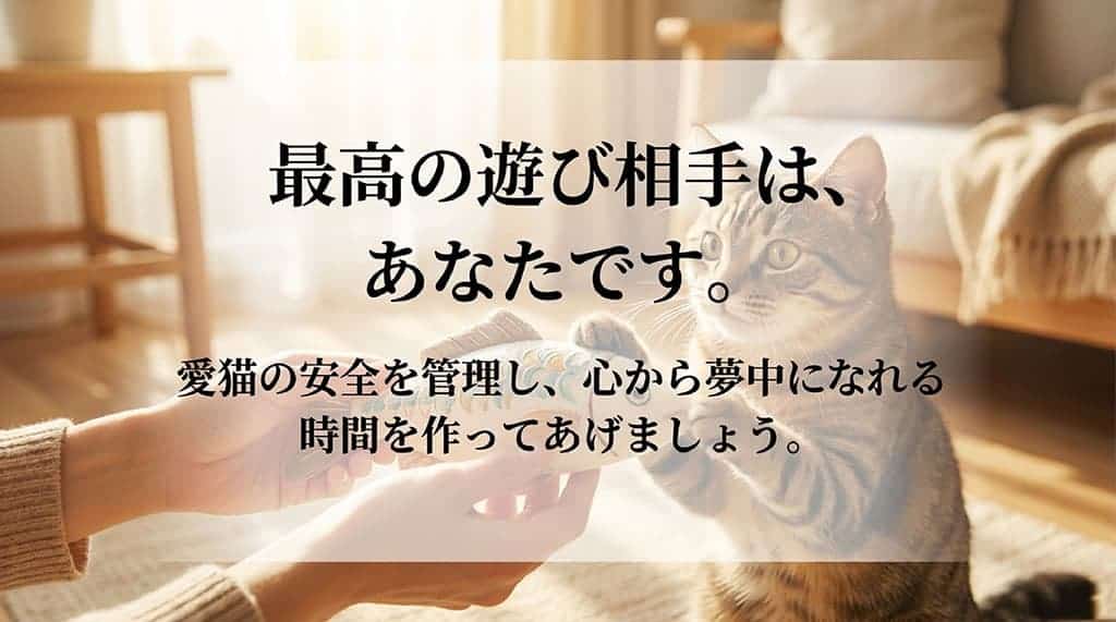 愛猫の安全を管理し、心から夢中になれる時間を一緒に作ろうと呼びかけるメッセージスライド