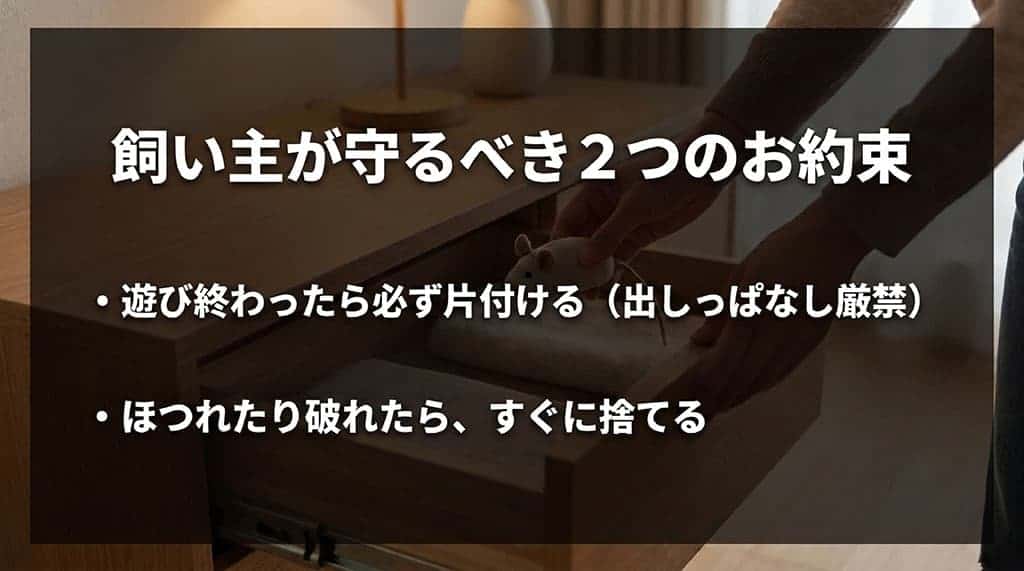 飼い主が守るべき2つのお約束。遊び終わったら必ず片付ける(出しっぱなし厳禁)、ほつれたり破れたらすぐに捨てる。
