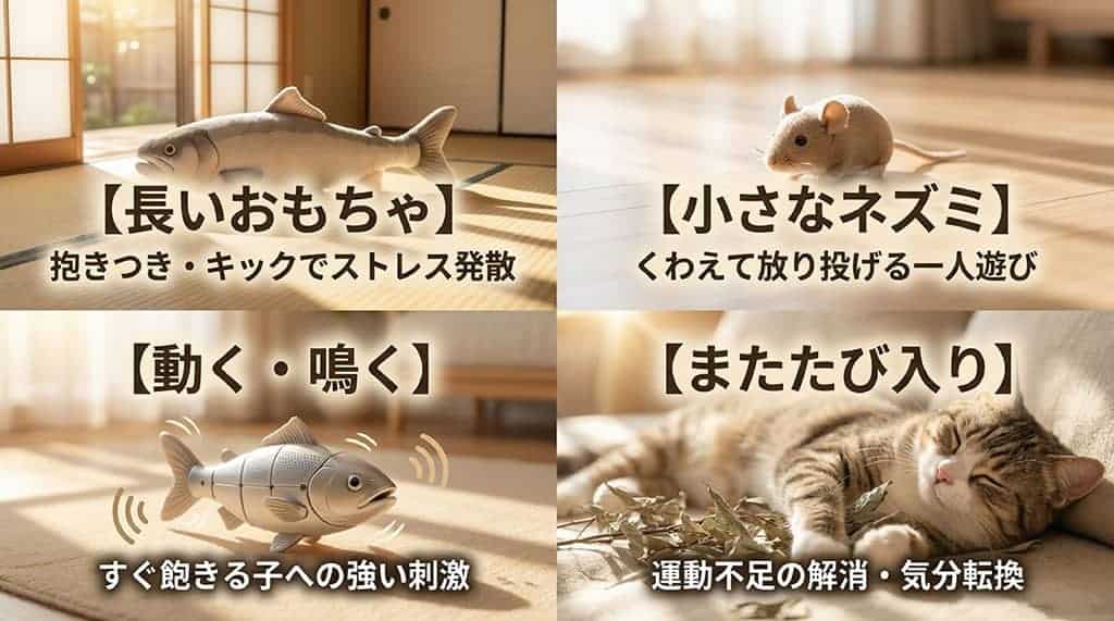 長いおもちゃ、小さなネズミ、動く・鳴くタイプ、またたび入りの特徴をまとめた比較スライド