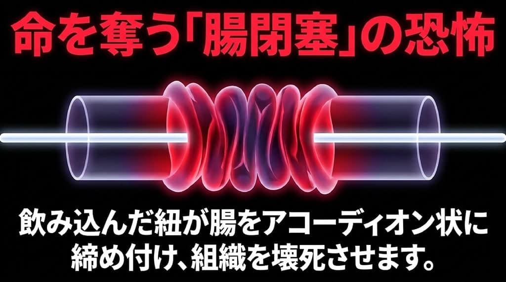 飲み込んだ紐が腸をアコーディオン状に締め付け、組織を壊死させる危険性を説明するスライド