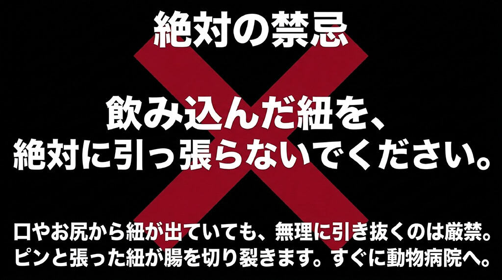 「絶対の禁忌。飲み込んだ紐を、絶対に引っ張らないでください。口やお尻から紐が出ていても、無理に引き抜くのは厳禁。ピンと張った紐が腸を切り裂きます。すぐに動物病院へ」と書かれた注意喚起スライド。