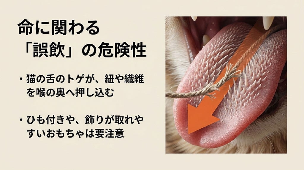 命に関わる「誤飲」の危険性の解説。猫の舌のトゲ(糸状乳頭)が紐や繊維を喉の奥へ押し込んでしまう仕組みを描いたイラストスライド。