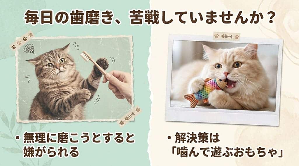 カラフルな魚のおもちゃを元気に噛んでいる猫の写真と、「毎日の歯磨き、苦戦していませんか?無理に磨こうとすると嫌がられる、解決策は『噛んで遊ぶおもちゃ』」というテキスト解説