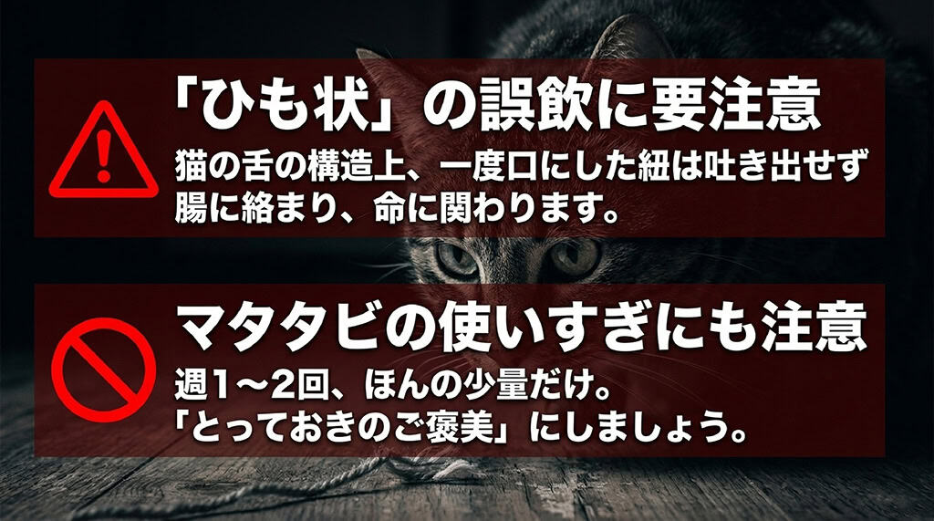 猫の舌の構造上、一度口にしたひも状のものは吐き出せず命に関わること、またマタタビは週1〜2回ほんの少量のご褒美にすることを促す注意喚起スライド