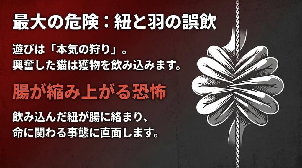紐が絡まってアコーディオン状に縮んだ腸のイラストと共に「最大の危険:紐と羽の誤飲。遊びは『本気の狩り』。興奮した猫は獲物を飲み込みます。腸が縮み上がる恐怖。飲み込んだ紐が腸に絡まり、命に関わる事態に直面します」と書かれたスライド。