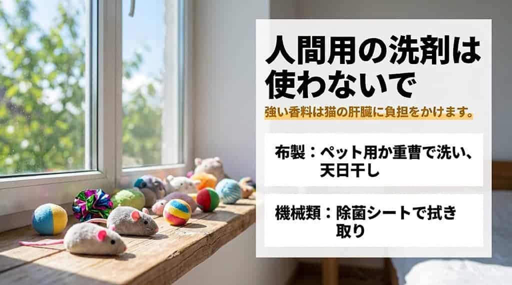 人間用の洗剤は強い香料が猫の肝臓に負担をかけるため使用せず、布製はペット用か重曹で洗い天日干し、機械類は除菌シートで拭き取ることを説明したスライド