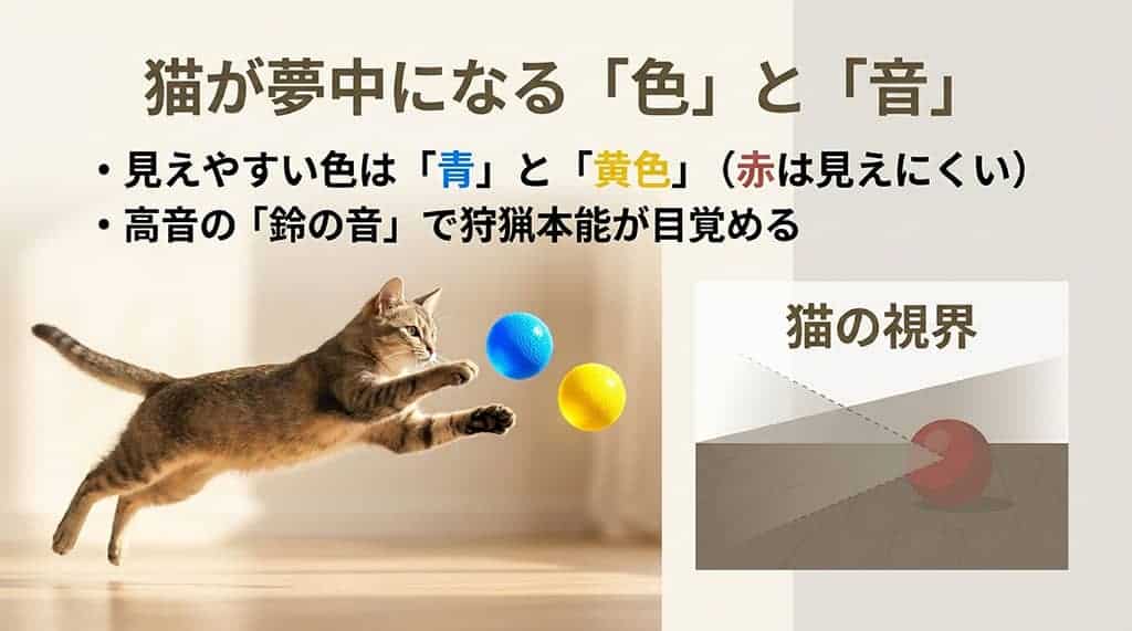 猫が夢中になる「色」と「音」の解説。見えやすい色は「青」と「黄色」、高音の「鈴の音」で狩猟本能が目覚めることを説明するスライド。