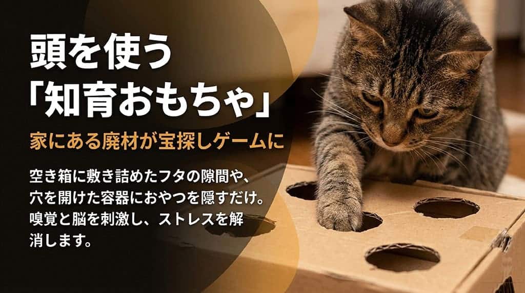 空き箱に敷き詰めたフタの隙間や穴を開けた容器におやつを隠すだけで、嗅覚と脳を刺激してストレスを解消する「知育おもちゃ」の解説スライド
