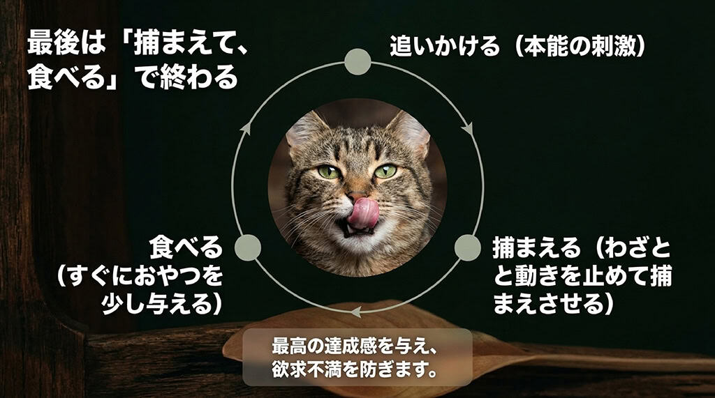追いかける（本能の刺激）から、わざと動きを止めて捕まえさせ、最後におやつを少し与えて食べるという、達成感を与えて欲求不満を防ぐサイクルを図解したスライド