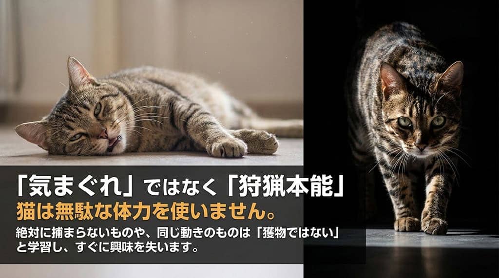 猫がおもちゃに飽きるのは「気まぐれ」ではなく「狩猟本能」であり、絶対に捕まらないものや同じ動きのものは「獲物ではない」と学習して興味を失うことを説明した解説スライド