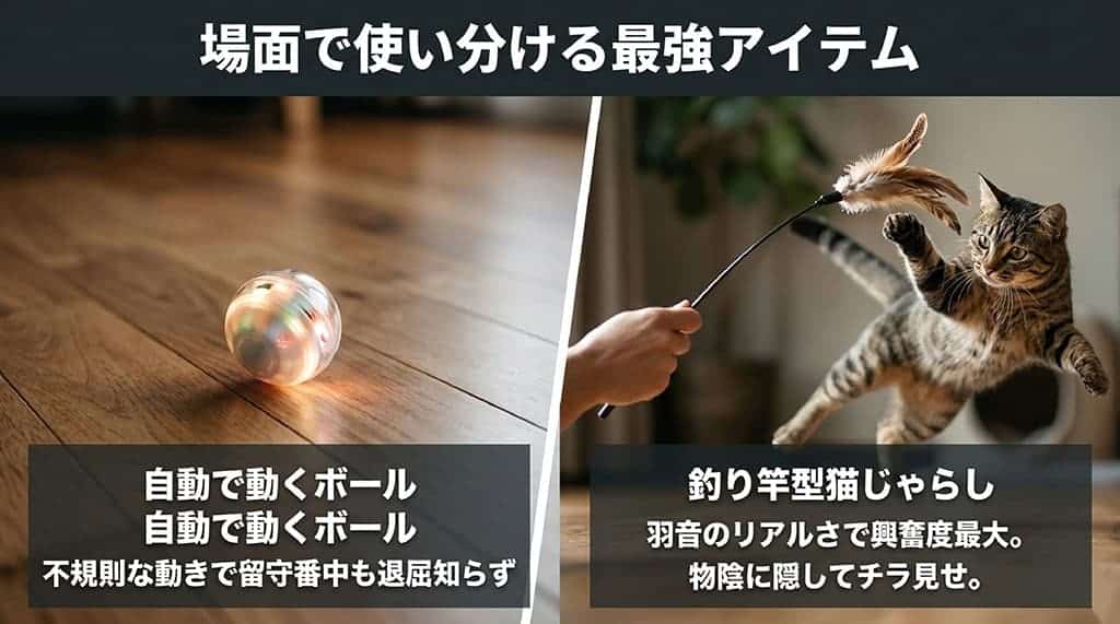 留守番中には自動で動くボール、興奮度最大にするには釣り竿型猫じゃらしと、場面で使い分ける最強アイテムを紹介したスライド