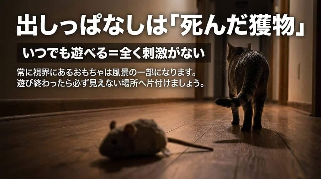 おもちゃの出しっぱなしは「死んだ獲物」と同じで刺激がゼロになり風景の一部になってしまうため、遊び終わったら必ず見えない場所へ片付けることを促すスライド