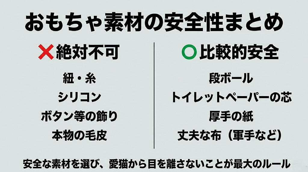 絶対不可な素材（紐・糸、シリコン、ボタン、毛皮）と、比較的安全な素材（ダンボール、芯、厚紙、丈夫な布）をまとめた安全性チェック表のスライド。
