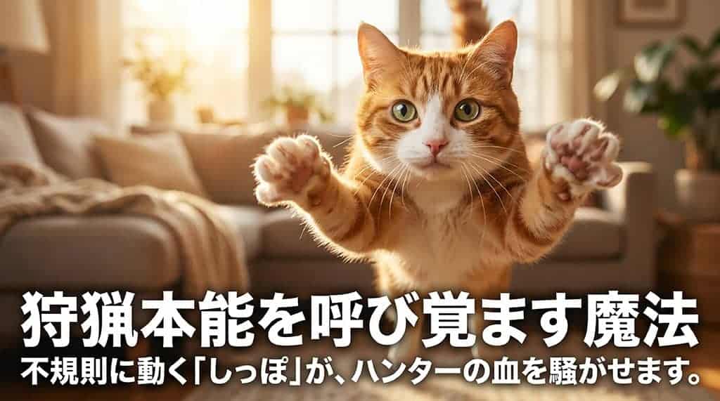 不規則に動くしっぽが猫の狩猟本能を呼び覚ますことを説明するスライド