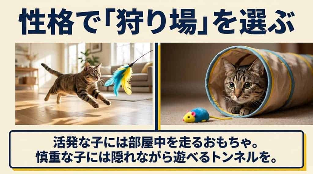 活発な猫には部屋中を走るおもちゃ、慎重な猫には隠れられるトンネルなど、性格に合わせた遊び方を提案するスライド