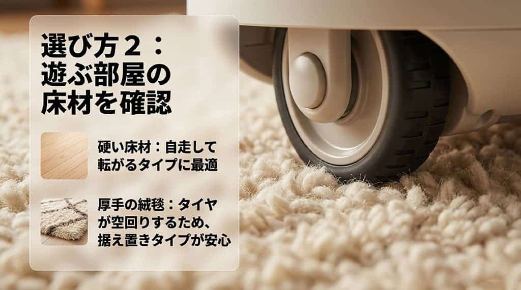 フローリングなどの硬い床材には自走タイプ、厚手の絨毯には空回りしない据え置きタイプが最適であることを説明するスライド。