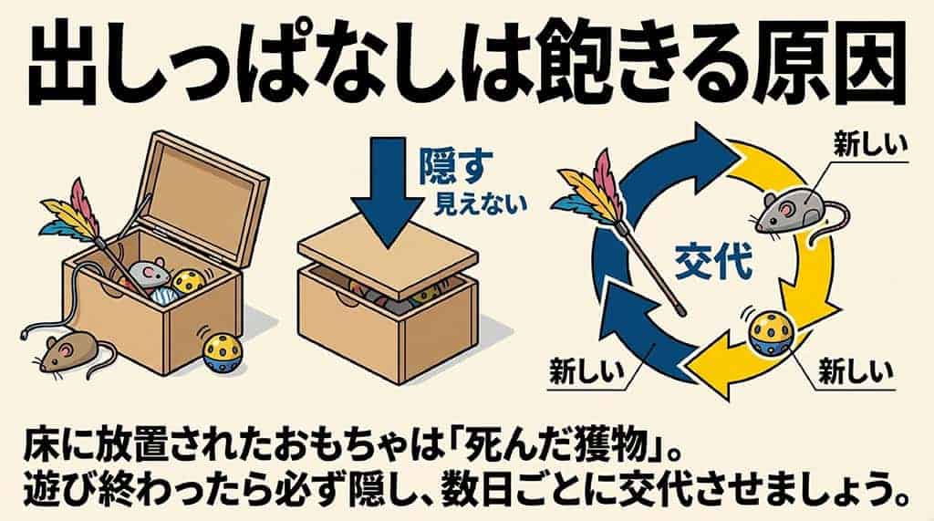 床に放置されたおもちゃは死んだ獲物になるため、遊び終わったら隠して数日ごとに交代させるローテーションの仕組み図