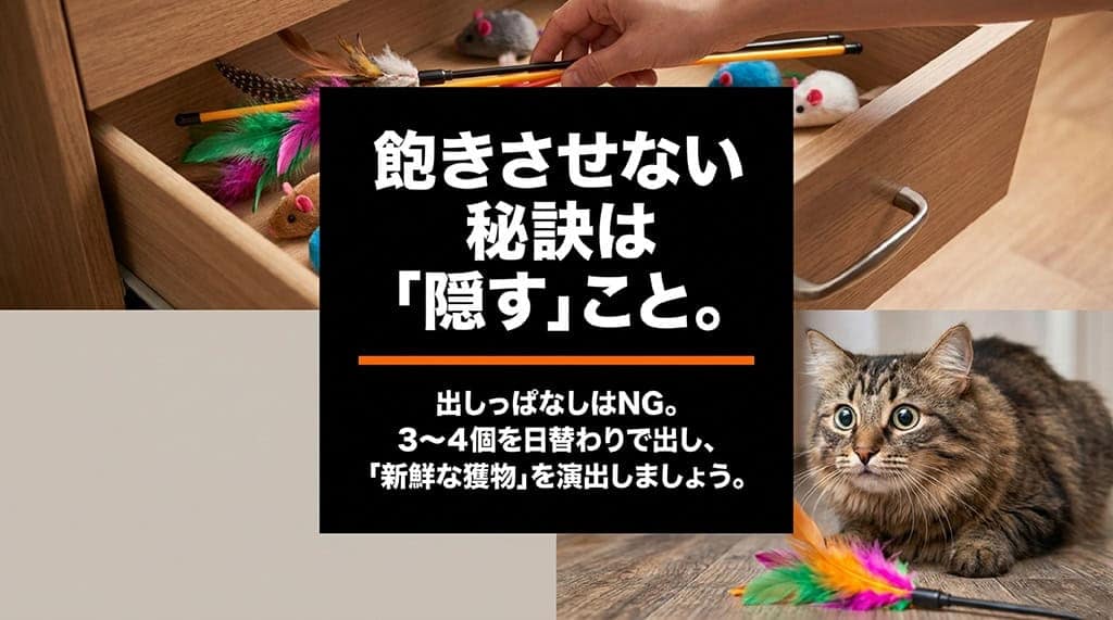おもちゃを出しっぱなしにせず、3〜4個を日替わりで出して「新鮮な獲物」を演出する飽きさせない秘訣のスライド。