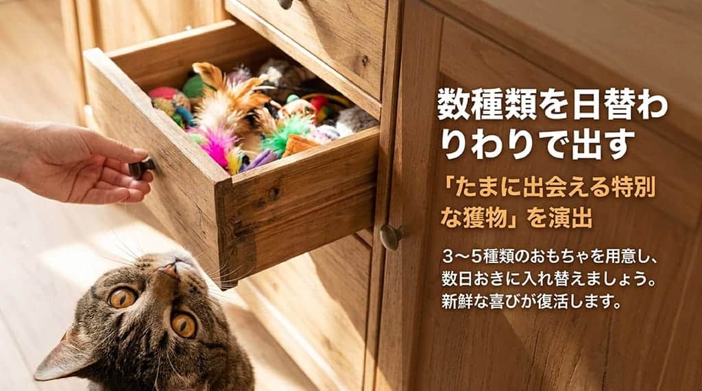 3〜5種類のおもちゃを用意して数日おきに入れ替え、「たまに出会える特別な獲物」を演出することで新鮮な喜びが復活することを説明したスライド
