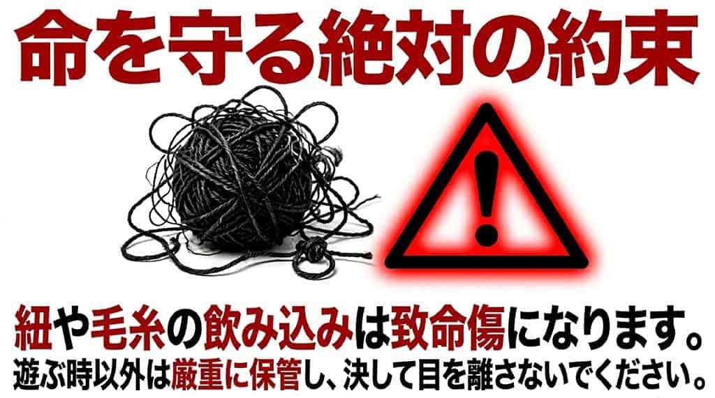 紐や毛糸の飲み込みは致命傷になるため、遊ぶとき以外は厳重に保管することを注意喚起するスライド