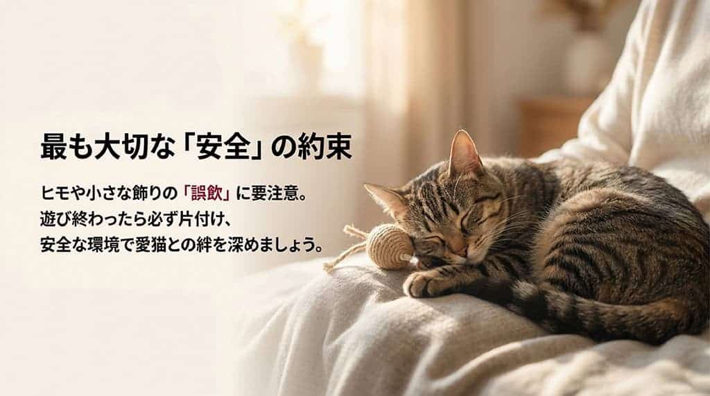 「最も大切な『安全』の約束。ヒモや小さな飾りの『誤飲』に要注意。遊び終わったら必ず片付け、安全な環境で愛猫との絆を深めましょう。」と書かれたスライド画像。