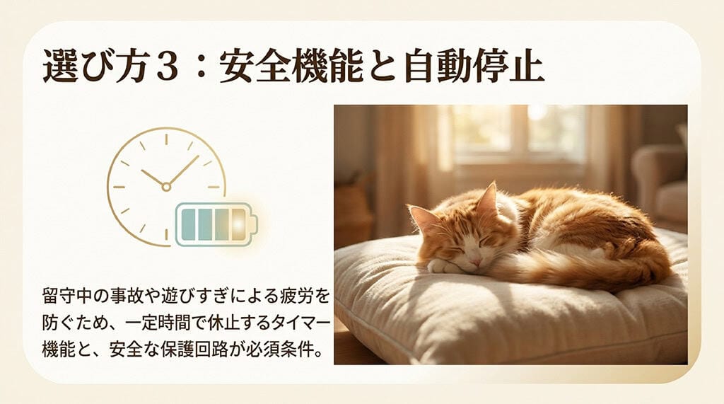 留守中の事故や遊びすぎを防ぐための、タイマー機能と安全な保護回路の必要性を示したスライド。