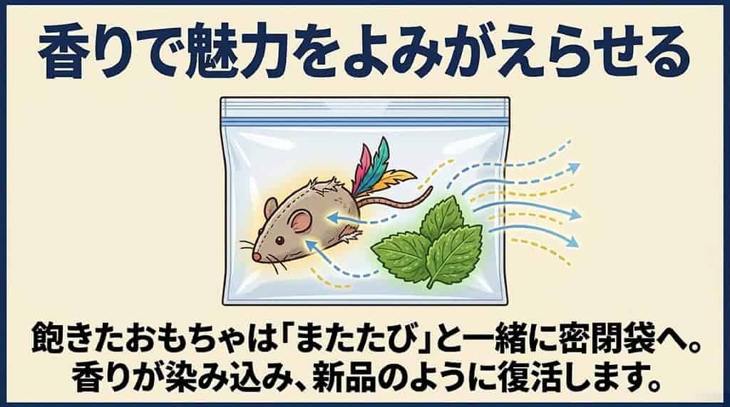 飽きたおもちゃをまたたびやキャットニップと一緒に密閉袋に入れて香りを染み込ませ、復活させるアイデアのイラスト