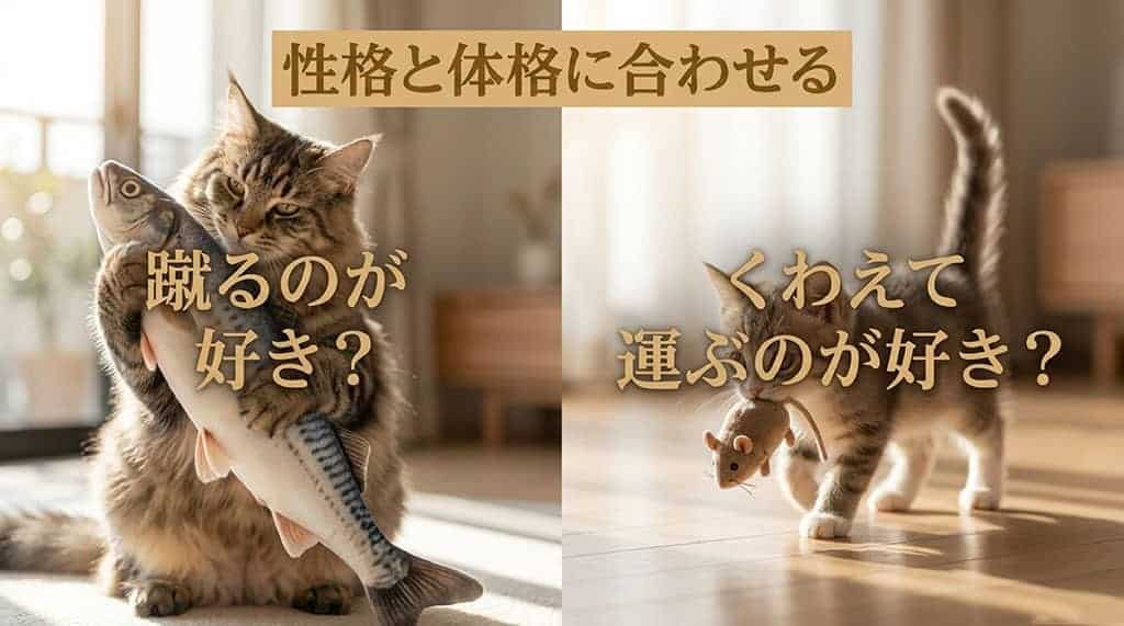 猫のキックや運搬行動など、性格や体格に合わせてぬいぐるみを選ぶ重要性を示すスライド