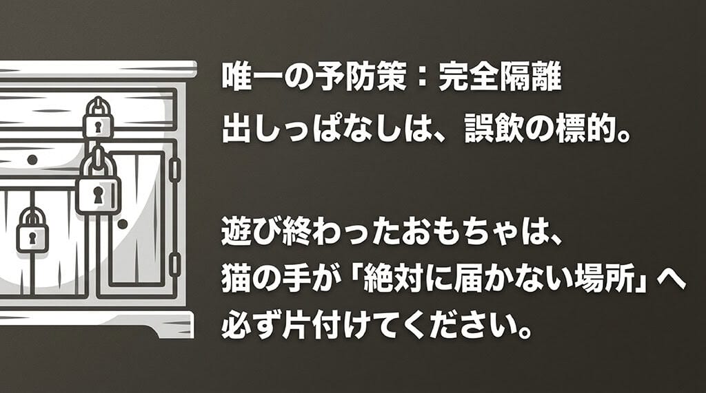 鍵がかかった引き出しのイラストと共に「唯一の予防策:完全隔離。出しっぱなしは、誤飲の標的。遊び終わったおもちゃは、猫の手が『絶対に届かない場所』へ必ず片付けてください」と書かれたスライド。