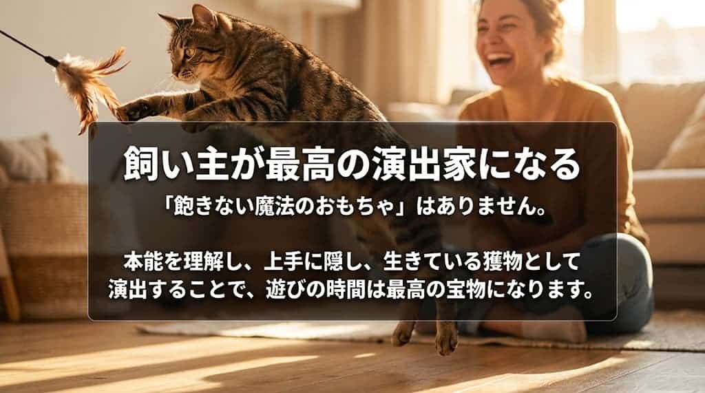 「飽きない魔法のおもちゃ」はなく、本能を理解して上手に隠し、生きている獲物として演出することで遊びの時間が最高の宝物になるというまとめのスライド