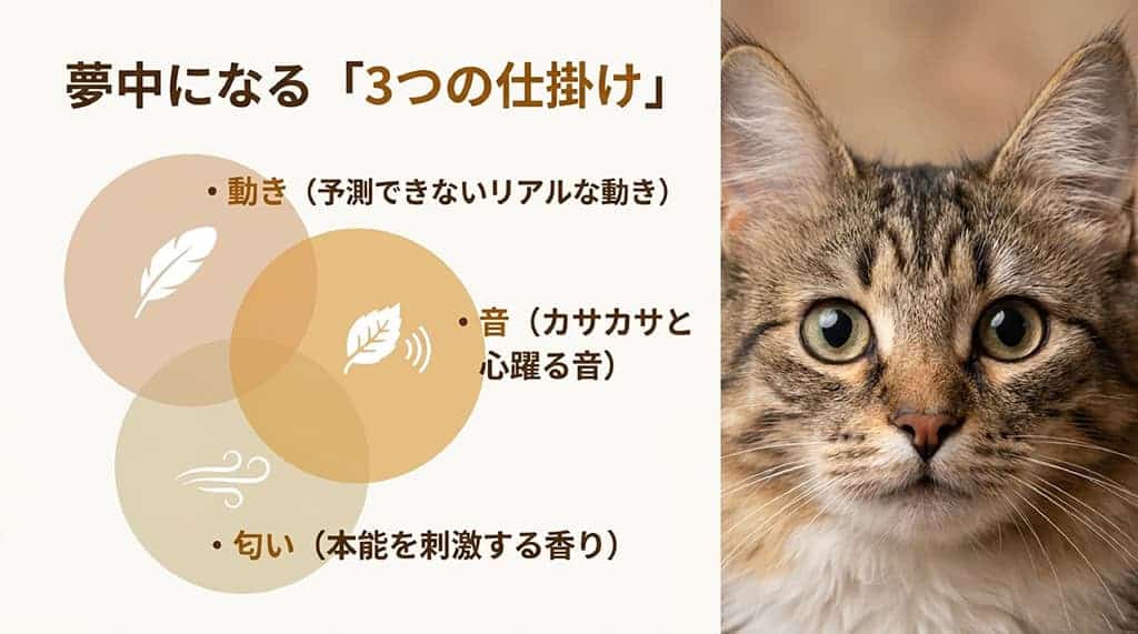 猫の顔のアップ写真とともに、「夢中になる『3つの仕掛け』。動き（予測できないリアルな動き）、音（カサカサと心躍る音）、匂い（本能を刺激する香り）」と書かれたスライド画像。