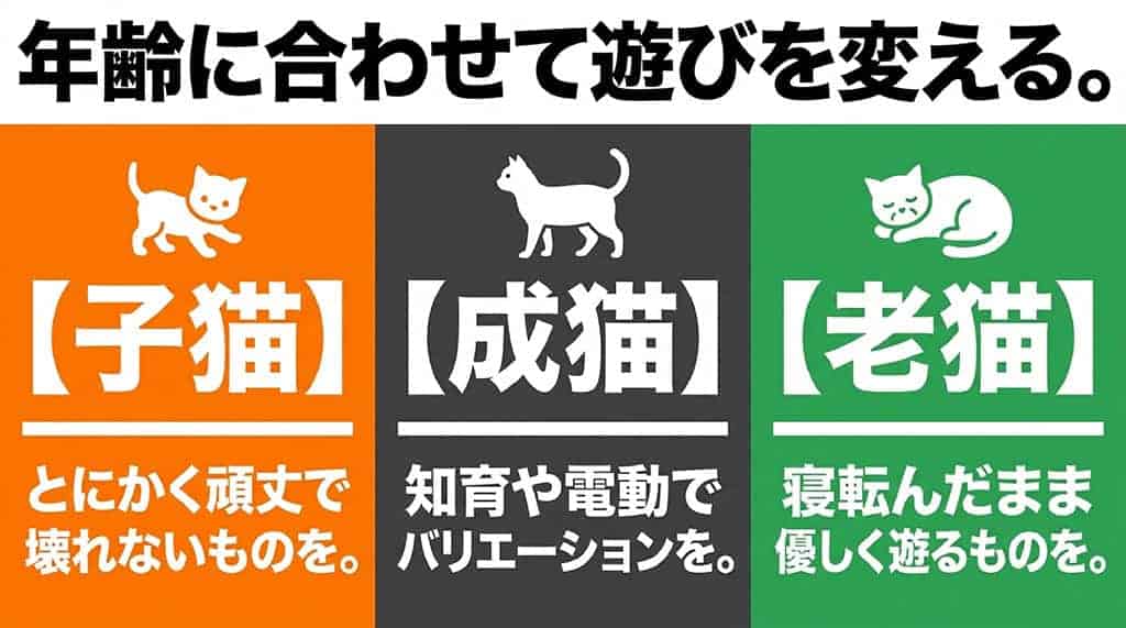 子猫には頑丈なもの、成猫には知育や電動、老猫には寝転んだまま遊べるものなど、ライフステージに合わせた選び方の解説スライド。