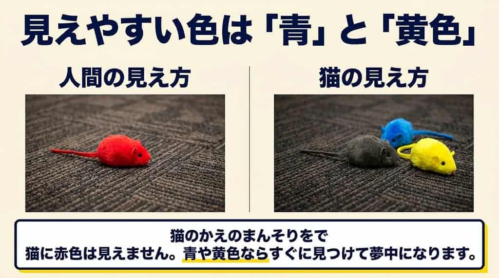 人間と猫の色の見え方の違いを比較し、猫には赤色が見えず青や黄色が見えやすいことを示す画像