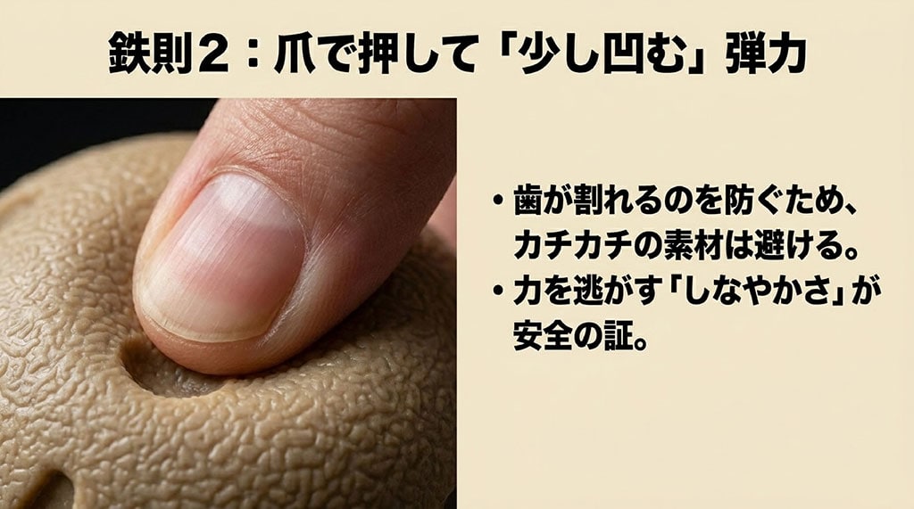 人間の親指の爪をおもちゃに押し当てて少し凹む弾力を示すクローズアップ写真と、カチカチの素材を避けて力を逃がすしなやかさが安全の証であることを説明するスライド